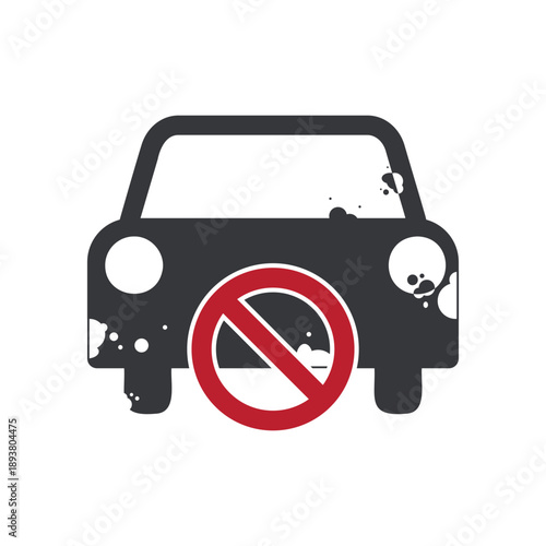 Isolated prohibition sign showing dirty car with dust, restricted entry, emphasizing vehicle care, maintenance, and carwash service for protection.