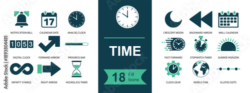 Time icon set. Containing clock, calendar, alarm, stopwatch, timer, hourglass, infinity, progress line, moon, world time, schedule and more. Solid fill vector icons collection