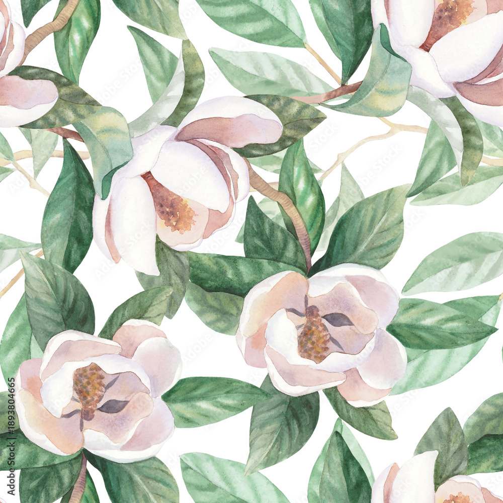 Fototapeta premium Seamless pattern of the blooming white magnolia. Handmade watercolor illustration. For packaging design, cards, cover, wallpaper, prints, product labels and fabric.