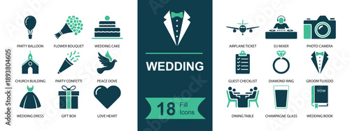 Wedding icon set. Containing bouquet, ring, bride dress, tuxedo, champagne, gift, heart, plane, camera, invitation, calendar, checklist, cake and more. Solid fill vector icons collection