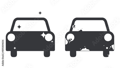 Bundle isolated pictogram showing clean car and dirty car, representing vehicle care, service, and carwash maintenance for automotive illustration.