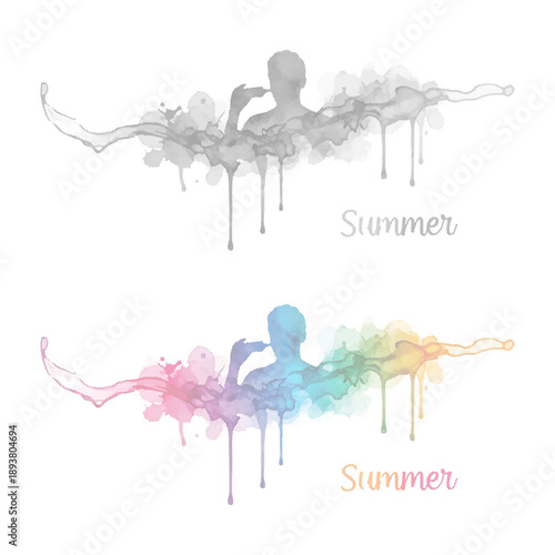 Watercolor Ink Splash Swimmer Silhouette Vector with Summer Text