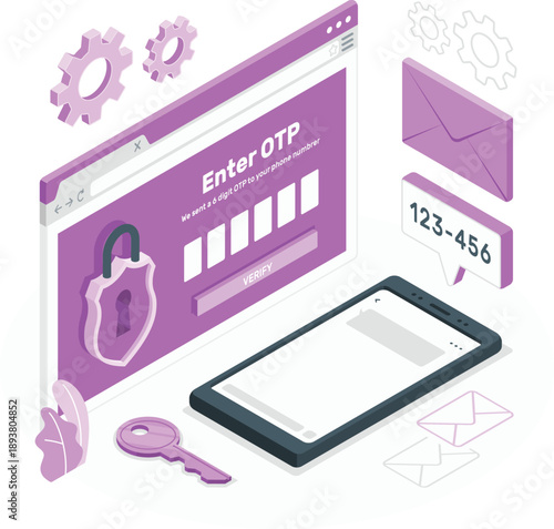 Secure otp verification on mobile and desktop. Isometric illustration of secure OTP verification process on mobile and desktop with lock, key, and email icons.