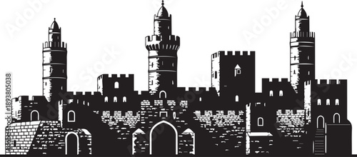 Ancient castle silhouette, fortress illustration, stone walls, towers, battlements, vector line art