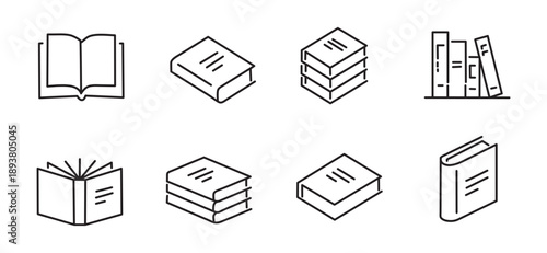 Books and Reading Icon collection containing 16 editable stroke icons. Perfect for logos, stats and infographics. Edit the thickness of the line in any vector capable app.