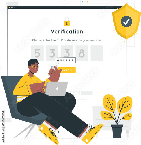 Secure online verification with two-factor authentication.A man using a laptop for online verification, entering an OTP code for secure access, surrounded by a cozy workspace with a plant and a yellow