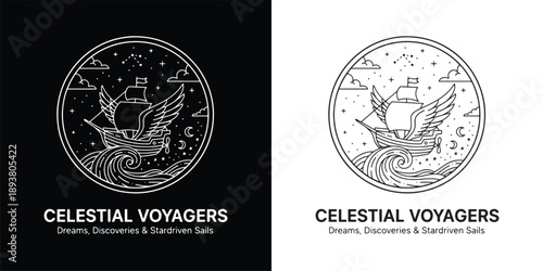 Celestial Voyagers Logo with Flying Winged Ship and Stars