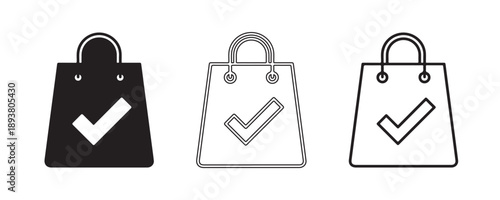 Completed Shopping Symbol: Icon collection of shopping bags each bearing a check mark symbol to represent a completed transaction.