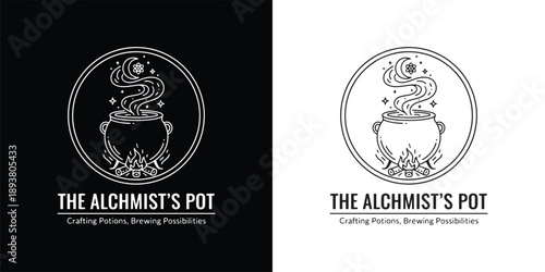 The Alchemist's Pot Logo with Magical Cauldron and Fire