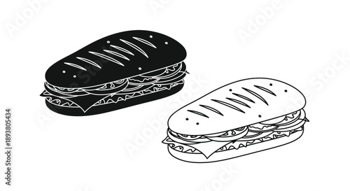 Two black and white illustrations of sandwiches with visible fillings