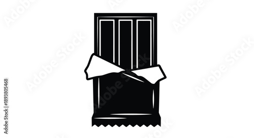 A black and white illustration of a broken chocolate bar wrapper