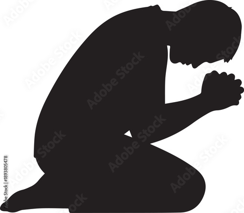 Man kneeling in prayer silhouette with hands clasped together vector illustration