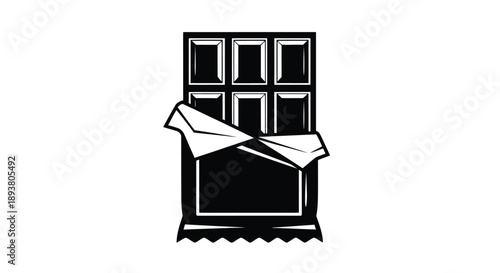 Black and white illustration of a partially unwrapped chocolate bar