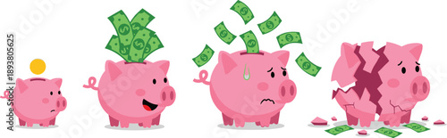 Piggy bank saving and broken bank concept with money and coinsPiggy bank saving and broken bank concept with money and coins