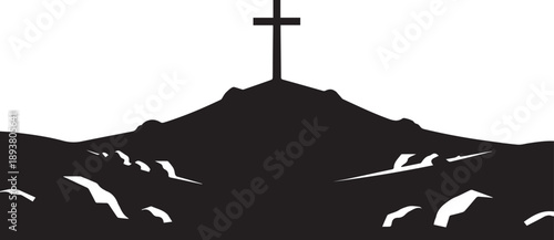 Single cross on hill silhouette with rugged landscape vector illustration