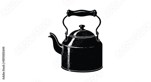 Vintage black kettle illustration with a curved spout and handle