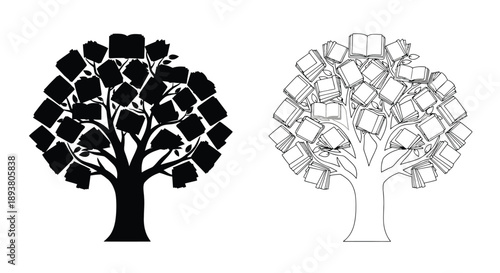 A tree composed of books shown in both filled and outline styles
