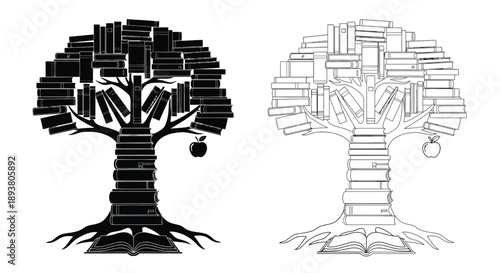 Two trees composed of stacked books one black and one white