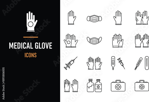 Medical Icon Set Featuring Protective Gloves Face Masks Syringes Hand Sanitizer and First Aid Equipment Line Art
