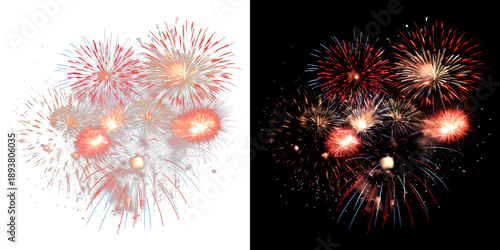 Fotografía Realistic red and white fireworks explosion cluster on transparent background fo