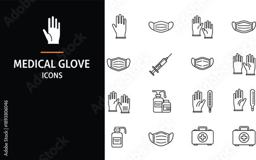 Medical Icon Set with Protective Gloves Face Masks Syringe Hand Sanitizer and First Aid Kits in Line Art
