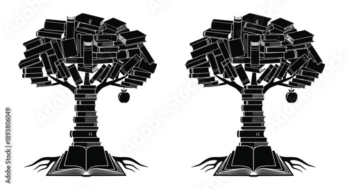 Two trees formed by stacks of books with open pages