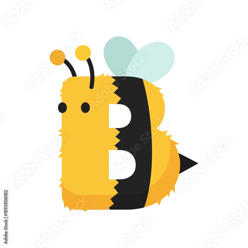 Cartoon bee with fuzzy body and light blue wings isolated on white