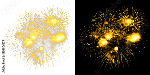 Картината върху платно Golden fireworks display with glowing sparks and light trails on transparent bac