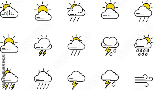 Professional climate condition line icon set featuring sunny clouds, lightning storms, rainy weather, wind speed symbols, and temperature thermometer measurements for environmental design.