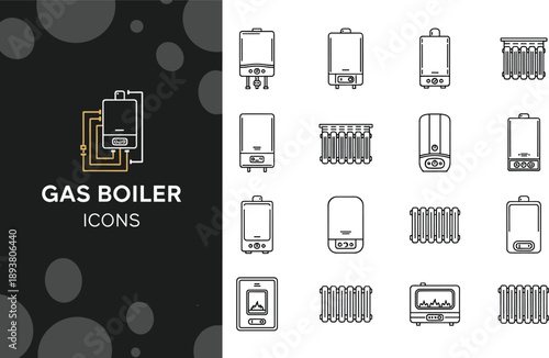 Professional gas boiler line icon set featuring domestic heating systems, water heaters, central heating radiators, furnace equipment, and home climate control symbols.