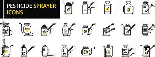 Professional pesticide sprayer line icon set featuring agriculture chemical pressure pumps, garden bug sprayers, and industrial pest control equipment symbols.