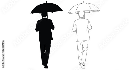 Two depictions of a person walking with an umbrella one solid and one outlined