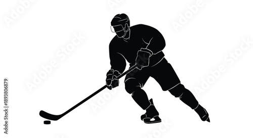 Silhouette of a hockey player in action skating with a stick