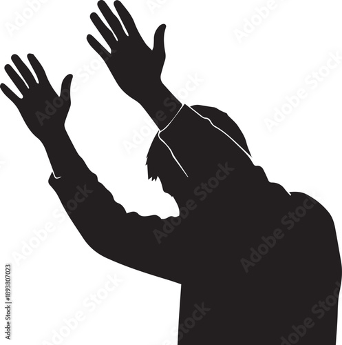 Person raising hands vector silhouette illustration with hopeful gesture and line art style
