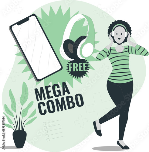 Happy woman dancing with phone and headphones - mega combo free. Illustration of a joyful woman dancing with a smartphone and headphones, perfect for promotional and tech-themed designs.
