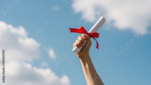 Hand holding diploma against blue sky