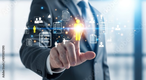 HR manager selecting virtual candidate profile for digital recruitment hiring. Smart AI technology system screening human talent. Future hr management data for professional job career.