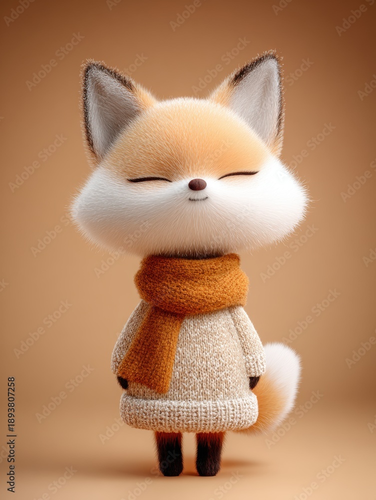 Fototapeta premium Cute Cartoon Fox in Scarf and Sweater on Neutral Background, Cozy Warmth