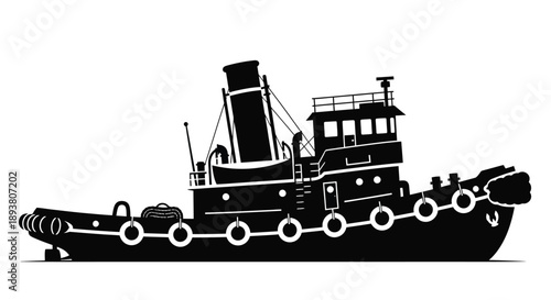 A black and white illustration of a classic tugboat on water