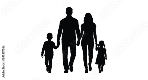 Silhouette of a family walking together depicting parents and two children