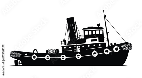 A black silhouette of a classic tugboat with a smokestack and detailed hull
