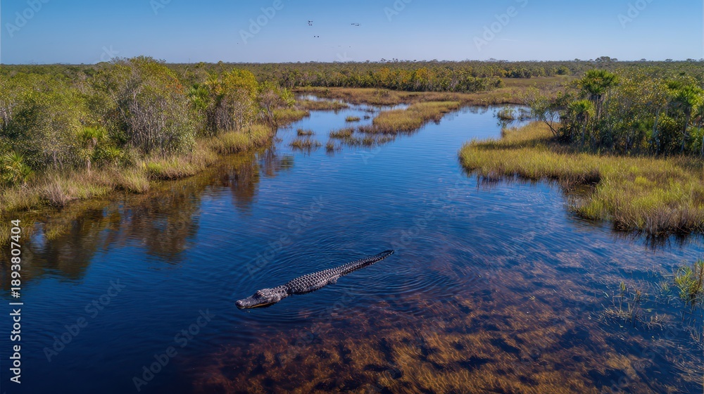 Fototapeta premium Calm marsh scene with an alligator in shallow water, sunlit Florida wetlands