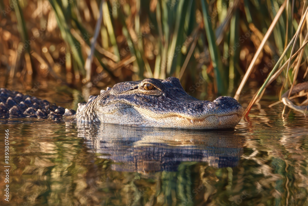 Fototapeta premium Calm river scene with an alligator visible among reeds and reflections