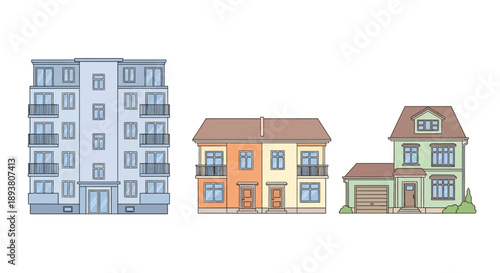 Flat line art illustration of diverse residential buildings an apartment, duplex, and single-family home, representing varied urban and suburban housing types and architectural styles