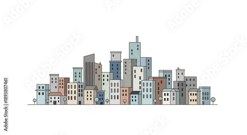 Minimalist City Skyline Illustration with Diverse Urban Buildings and Modern Architecture Vector Graphic for Urban Planning or Development Concepts