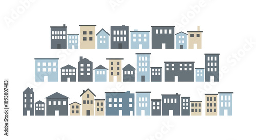 Stylized vector illustration of a modern cityscape featuring diverse buildings and houses, depicting an urban panorama ideal for graphic design concepts