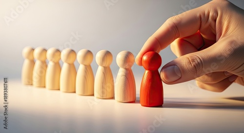 A hand selecting a red wooden figure from a row of wooden figures.