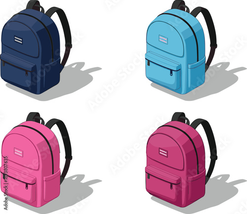 Set of Realistic School Backpacks in Multiple Colors Including Blue, Light Blue, Pink, and MagentaSet of Realistic School Backpacks in Multiple Colors Including Blue, Light Blue, Pink, and Magenta