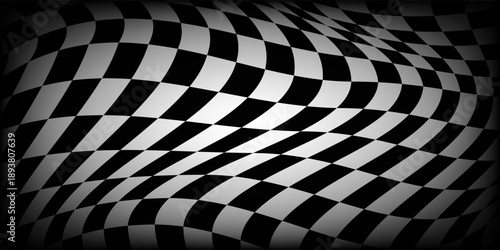 Abstract checkered background with distortion effect. Checkered pattern. surface. Black and white background, distorted chessboard. Abstract banner with distortion. Vector illustration.