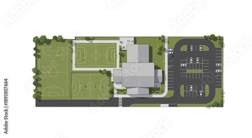 Detailed overhead illustration of a modern sports complex with multiple playing fields, tennis courts, and ample parking, designed for community recreation and athletic training
